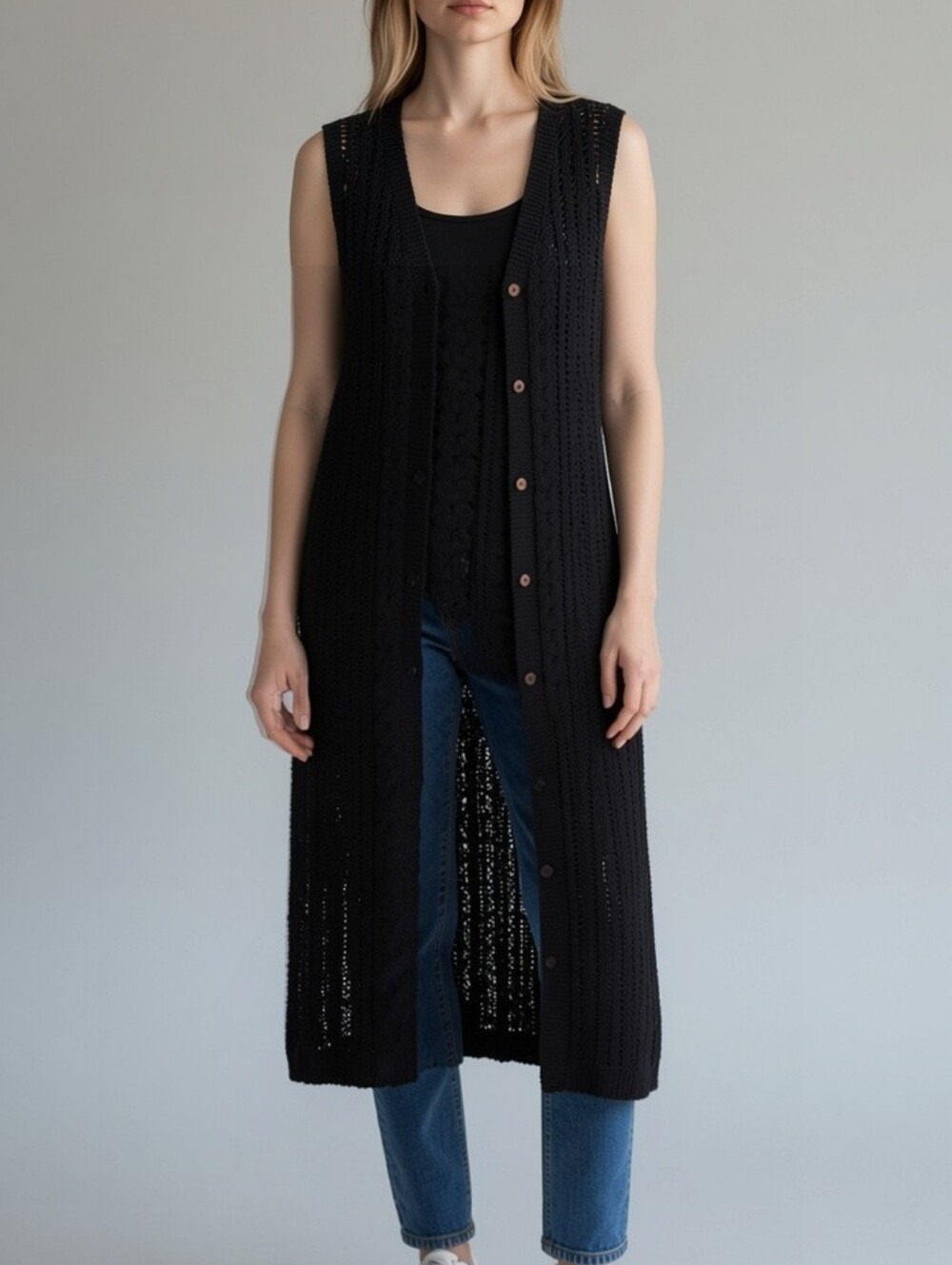 Time and Tru Black Long Sleeveless Knit Cardigan
